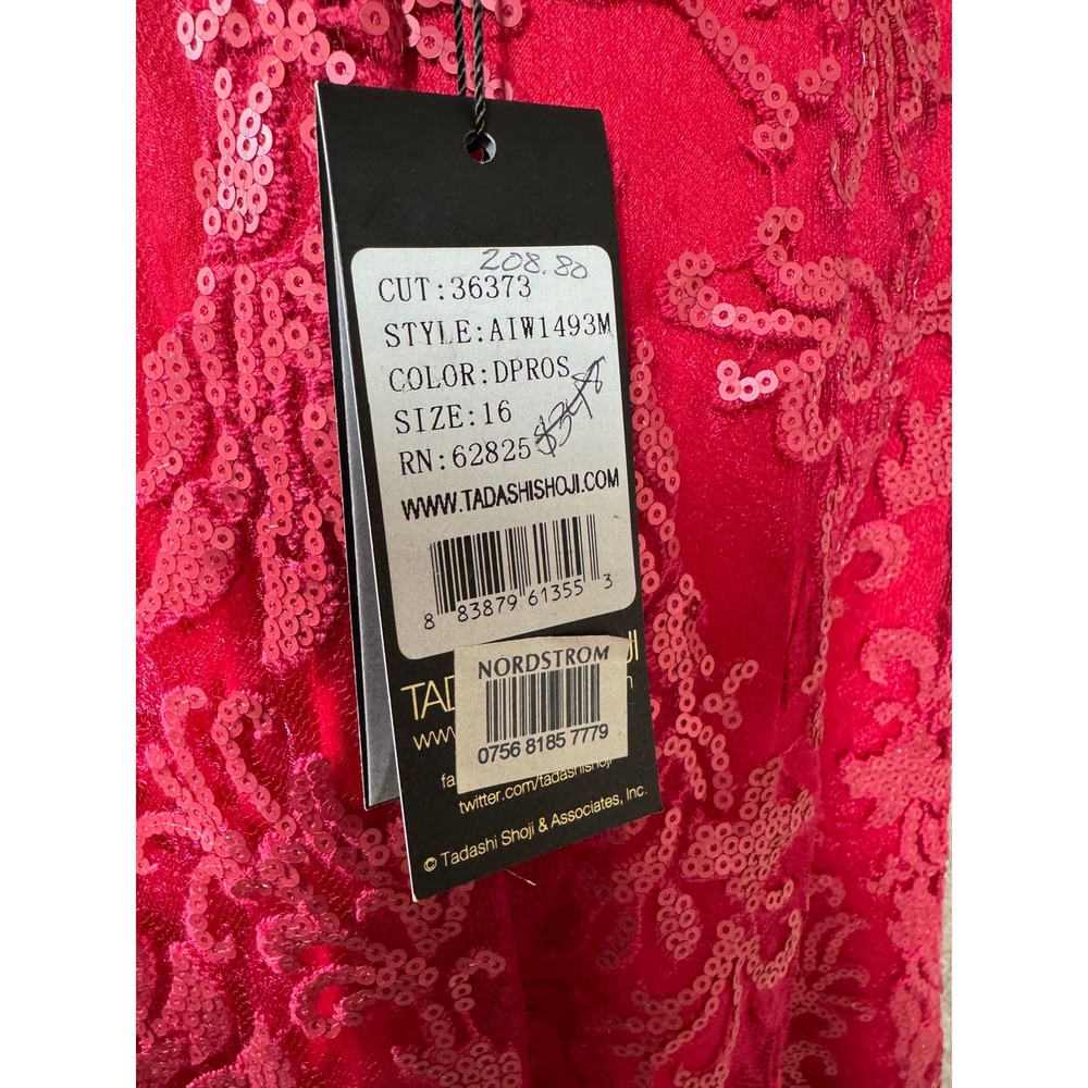 Tadashi Shoji Dress Womens 16 Red Sequin Lace Illusion Ribbon Belt Cocktail New - Picture 9 of 13